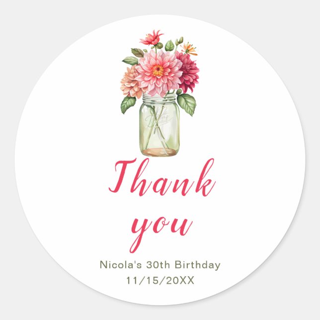 Sticker Rond Pink Dahlias Mason Jar fête d'anniversaire (Devant)