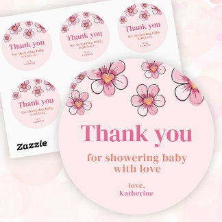 Sticker Rond Pink Daisy Girl Baby Shower Thank You