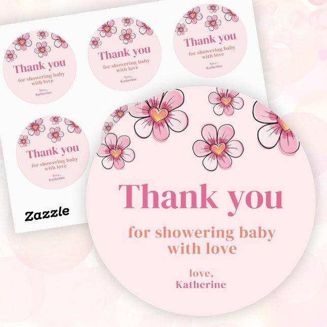 Sticker Rond Pink Daisy Girl Baby Shower Thank You  (Pink Daisy Girl Baby Shower Thank You Classic Round Sticker)