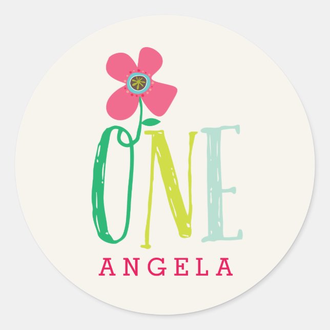 Sticker Rond Pink Daisy Pop One Girl's 1st Birthday Party Favor (Devant)
