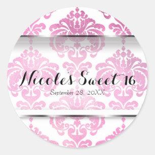 Sticker Rond Pink Damask Vintage Glam Mariage Événement Favoris