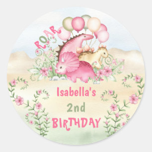 Sticker Rond Pink Dinosaur Petite fille Pastel mignon Anniversa