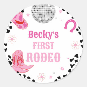 Sticker Rond Pink Disco First Rodeo Cowgirl 1er anniversaire