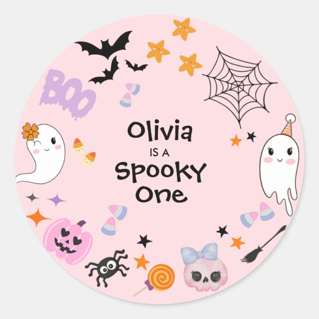 Sticker Rond Pink Éffrayant One Cute Ghost Halloween 1er Annive (Devant)