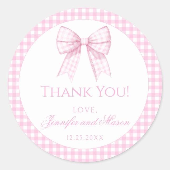 Sticker Rond Pink en vichy bow bébé fille douche merci (Devant)