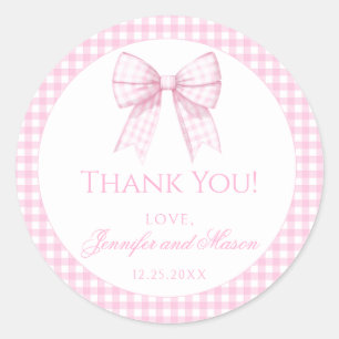 Sticker Rond Pink en vichy bow bébé fille douche merci
