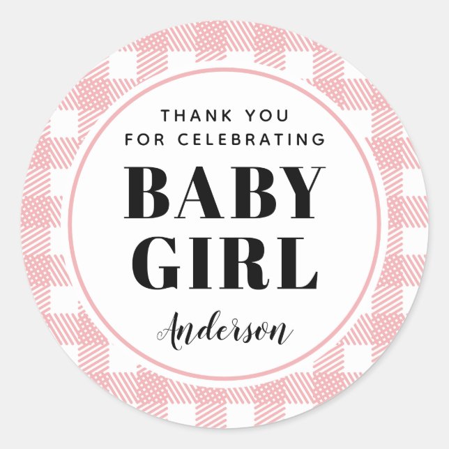 Sticker Rond Pink En vichy Plaid Merci bébé fille (Devant)