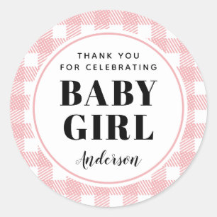 Sticker Rond Pink En vichy Plaid Merci bébé fille