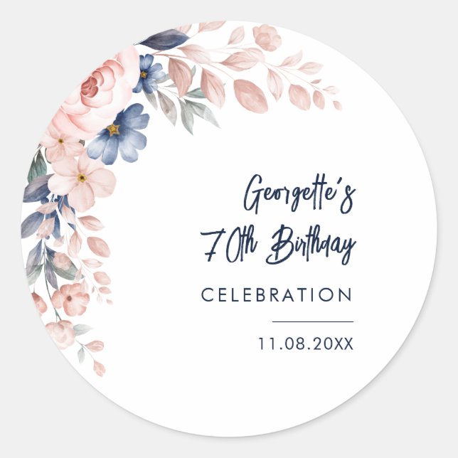 Sticker Rond Pink Floral 70e fête d'anniversaire Botanique (Devant)