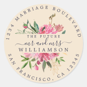 Sticker Rond Pink Floral Retour Adresse Enveloppe ivoire Sceau