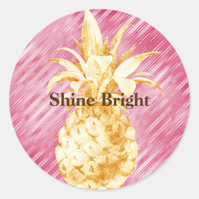 Sticker Rond Pink Glam Stripes Gold Tropical Pineappy (Devant)