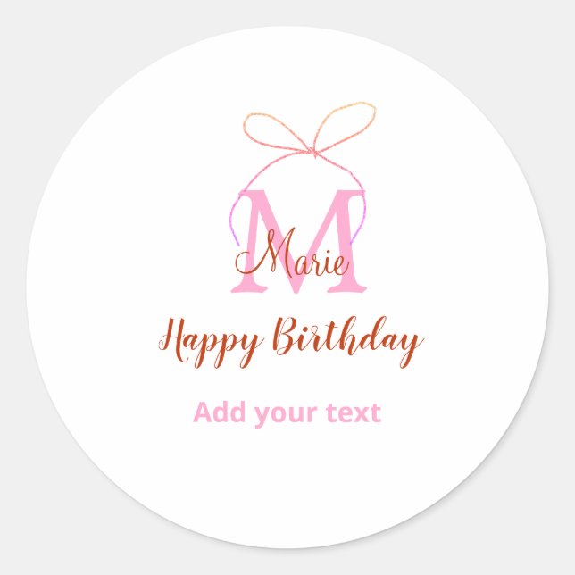 Sticker Rond Pink glitter bow add name letter monogram birthday (Devant)