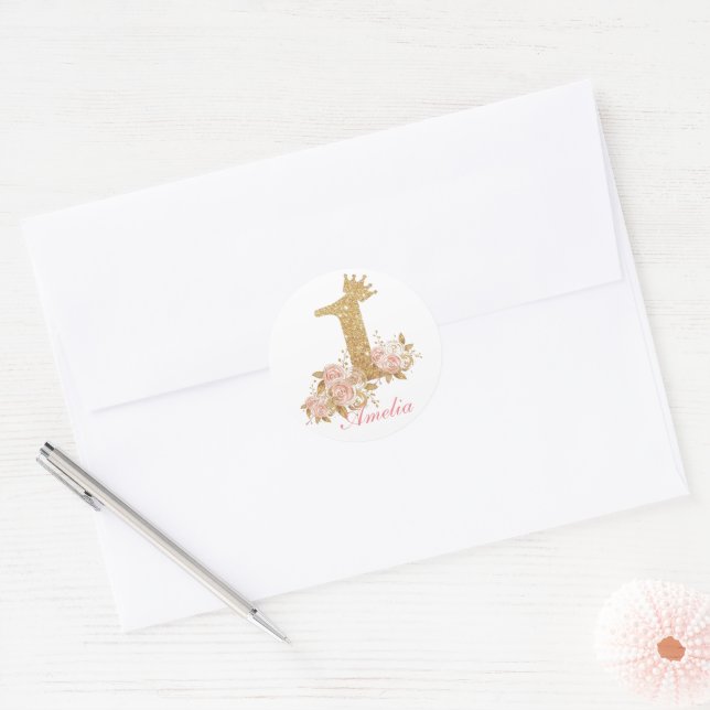 Sticker Rond Pink Gold Couronne Princesse Premier anniversaire (Enveloppe)