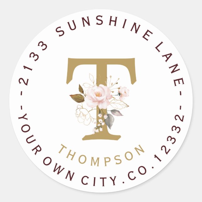 Sticker Rond Pink Gold Flowers Monogramme Adresse circulaire (Devant)