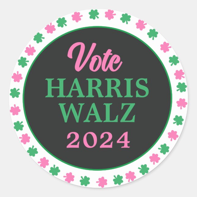 Sticker Rond Pink Green Clover 2024 Vote Harris Walz (Devant)
