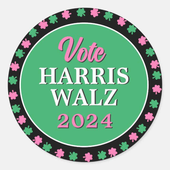 Sticker Rond Pink Green Clover 2024 Vote Harris Walz (Devant)