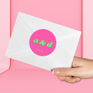 Sticker Rond Pink & Green Monogram Engagement Mariage