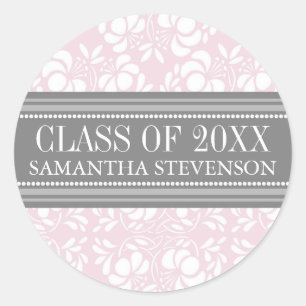 Sticker Rond Pink Grey Damask Graduation personnalisée Nom de l