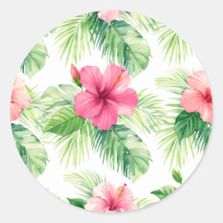 Sticker Rond Pink Hibiscus Tropical Palm Watercolor