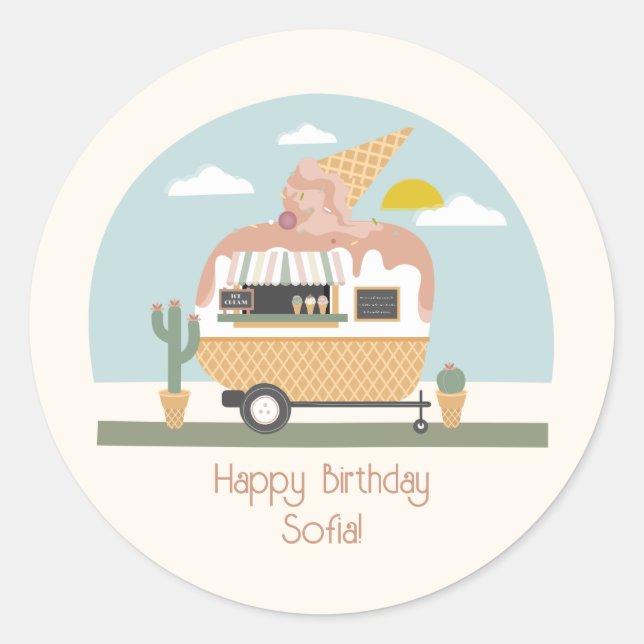 Sticker Rond Pink Ice Cream Camper Girls Anniversaire (Devant)