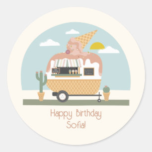 Sticker Rond Pink Ice Cream Camper Girls Anniversaire
