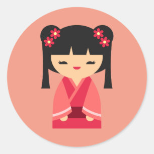 Sticker Rond Pink Kokeshi poupées japonaises
