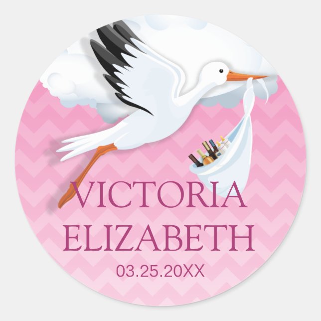 Sticker Rond Pink Ombre Chevron Nom du bébé (Devant)