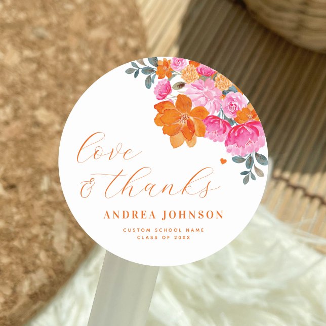 Sticker Rond Pink & Orange Floral Amour & Merci Graduation (Créateur téléchargé)