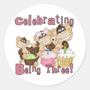 Sticker Rond Pink Party Monkey 3e Anniversaire Tshirts et cadea