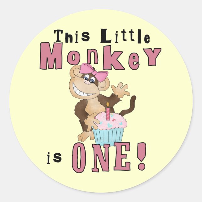 Sticker Rond Pink Party Singe 1er Anniversaire Tshirts et cadea (Devant)