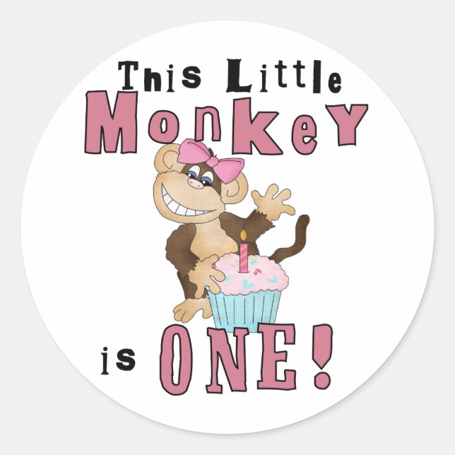Sticker Rond Pink Party Singe 1er Anniversaire Tshirts et cadea (Devant)