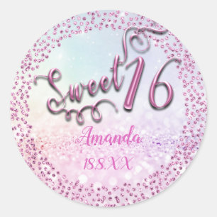 Sticker Rond Pink Pastel Ombre Sweet 16ème Parties scintillant 