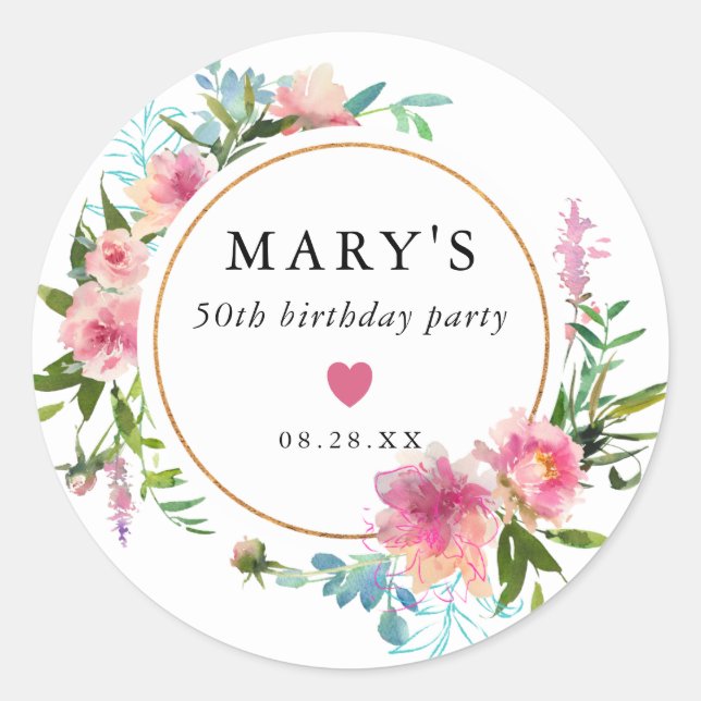 Sticker Rond Pink Peony 50e fête d'anniversaire Favor (Devant)