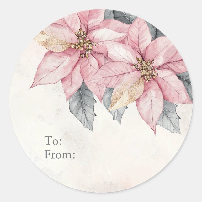 Sticker Rond Pink Poinsettia Flowers Personalized To and From (Devant)