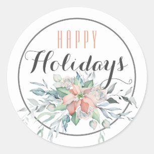 Sticker Rond Pink Poinsettia Joyeux Vacances / Blanc