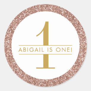 Sticker Rond Pink Premier anniversaire Rose Parties scintillant