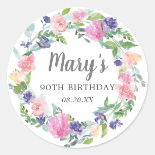 Sticker Rond Pink Purple Blue Floral 90e anniversaire