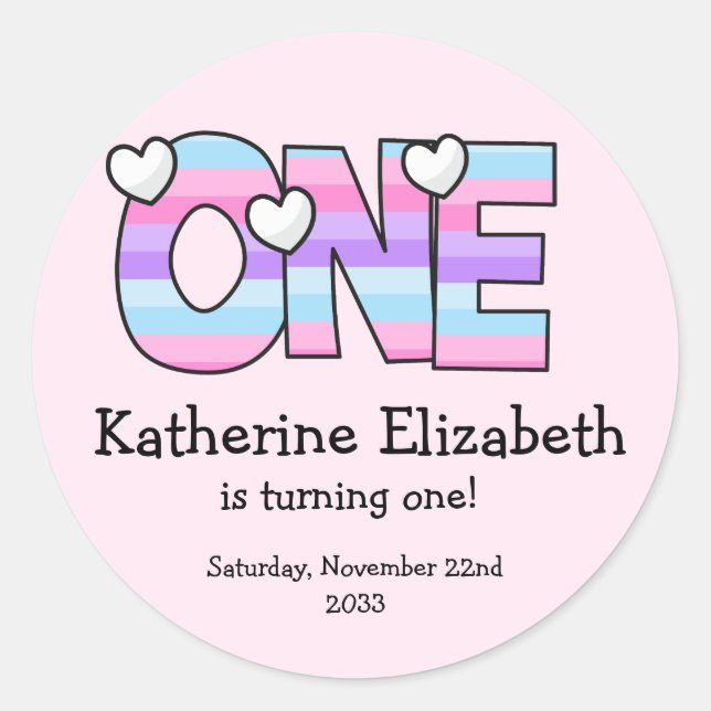 Sticker Rond Pink Purple Ombre Grille Coeurs Premier anniversai (Devant)