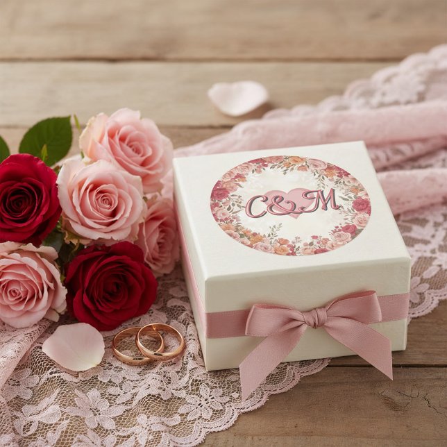 Sticker Rond Pink & Red Romantic Spring Floral Monogram Wedding (Créateur téléchargé)