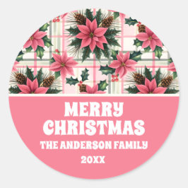 Sticker Rond Pink Retro Noël Floral Plaid Joyeux Noël