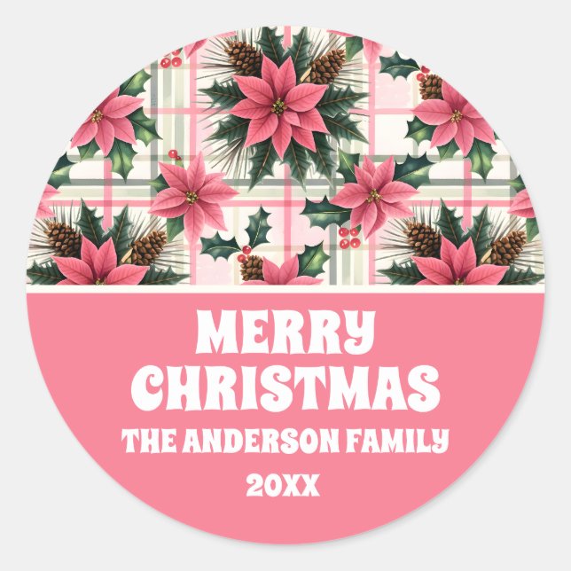 Sticker Rond Pink Retro Noël Floral Plaid Joyeux Noël (Devant)