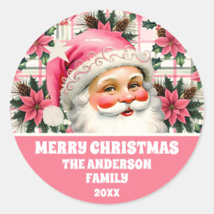 Sticker Rond Pink Retro Santa Claus Noël Floral Plaid