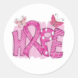 Sticker Rond Pink Ribbon Fighter Papillon Hope Cancer du sein