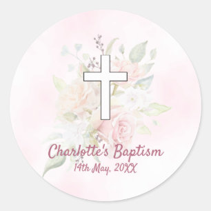Sticker Rond Pink rose floral girl Baptême