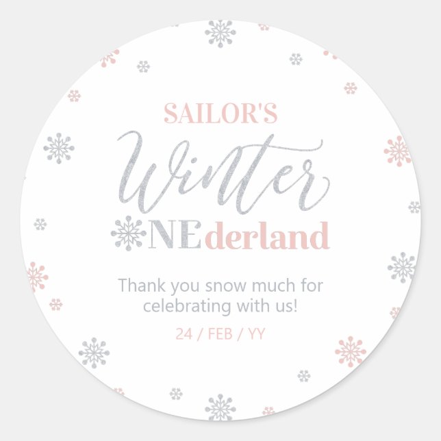 Sticker Rond Pink Silver Winter onderland Merci neige beaucoup (Devant)