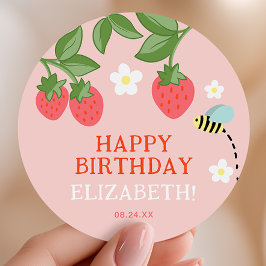 Sticker Rond Pink Strawberry Birthday Party Favor Thank you