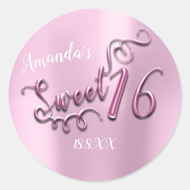 Sticker Rond Pink Sweet 16th Script Coeur Ballons Girly (Devant)