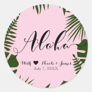 Sticker Rond Pink Tropical Green Feuilles Beach Wedding ALOHA