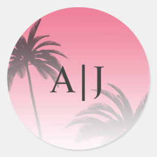 Sticker Rond Pink Tropical Palm Tree Beach Monogram Mariage