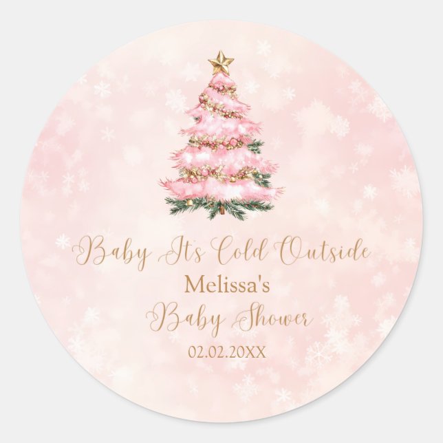 Sticker Rond Pink Winter Baby Its Cold Outside Baby Shower (Devant)